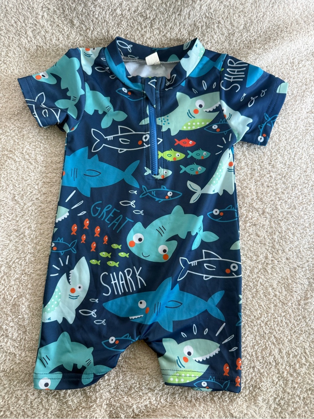 Boys Shark Print One Piece Swimsuit Rash Guard Size 100 Blue Short Sleeve